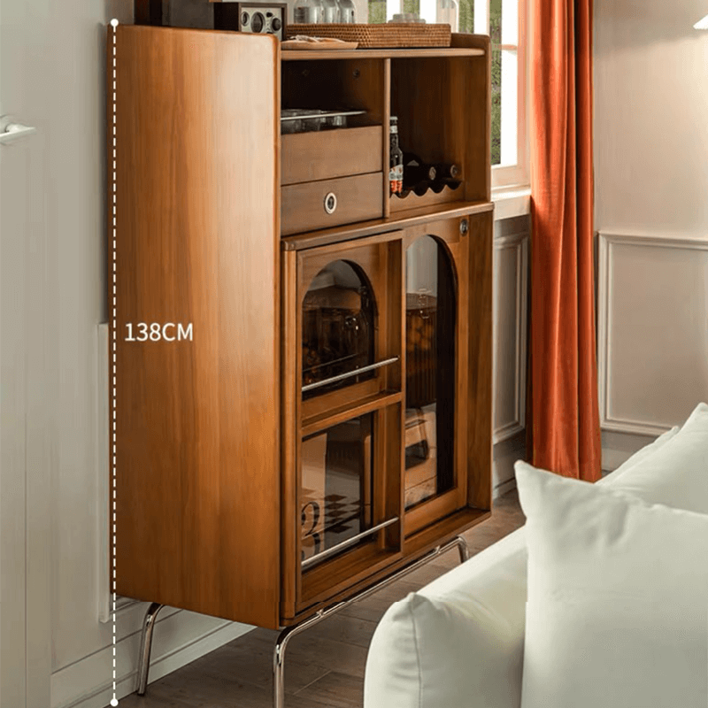 Side angle of the mid century modern wine cabinet displaying open storage for wine bottles and closed cabinets.