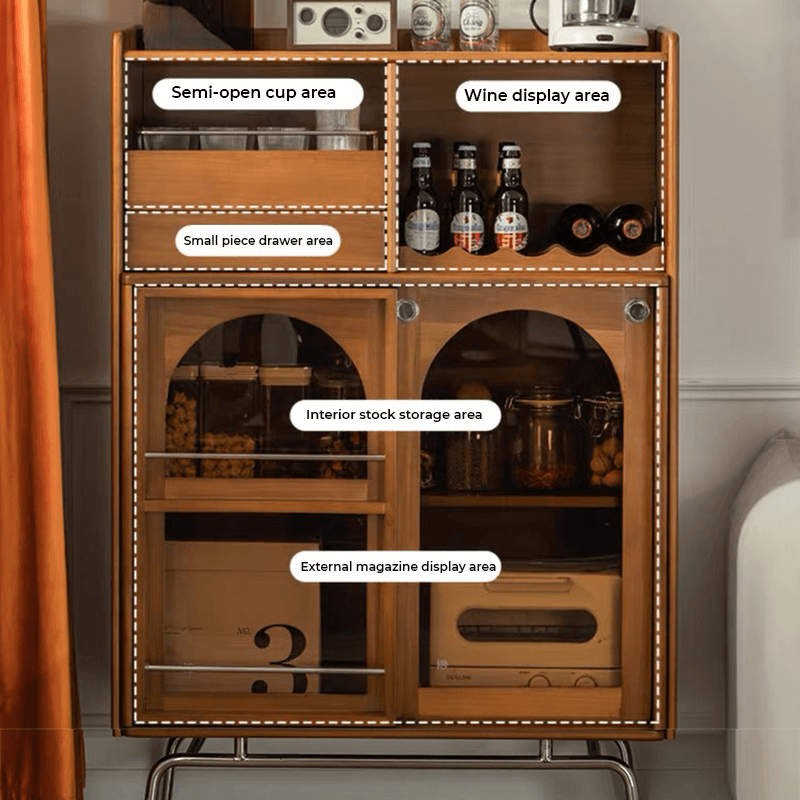 Close-up of the drawers and glass doors of the mid century modern wine cabinet highlighting its craftsmanship.