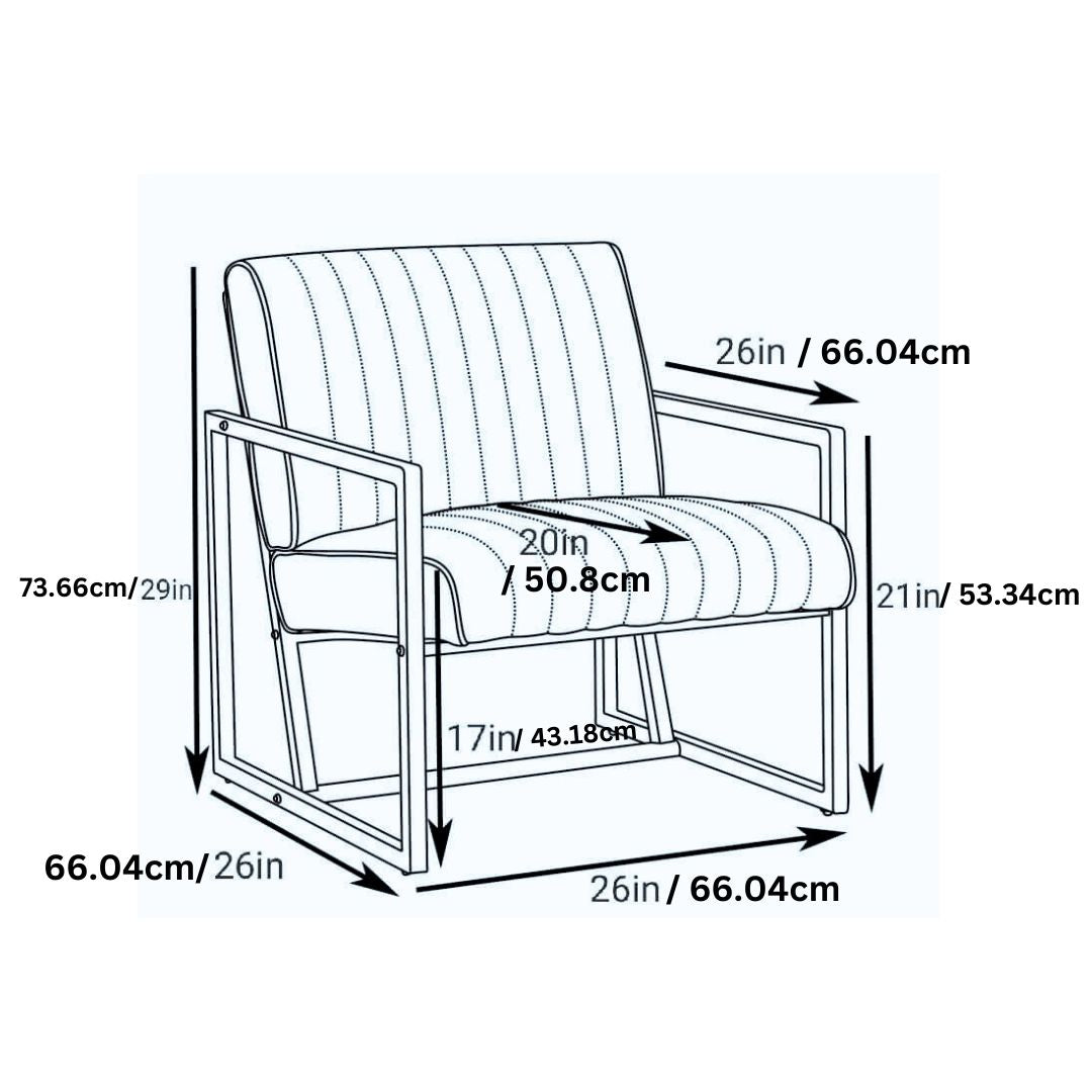 Front angle view of the upholstered chair showing steel frame and foam seat