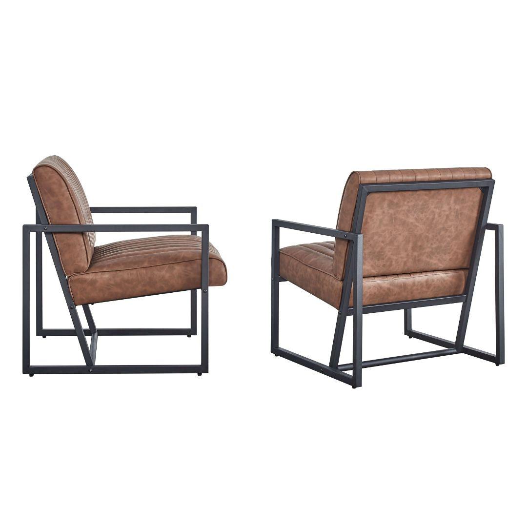 Front angle view of the upholstered chair showing steel frame and foam seat
