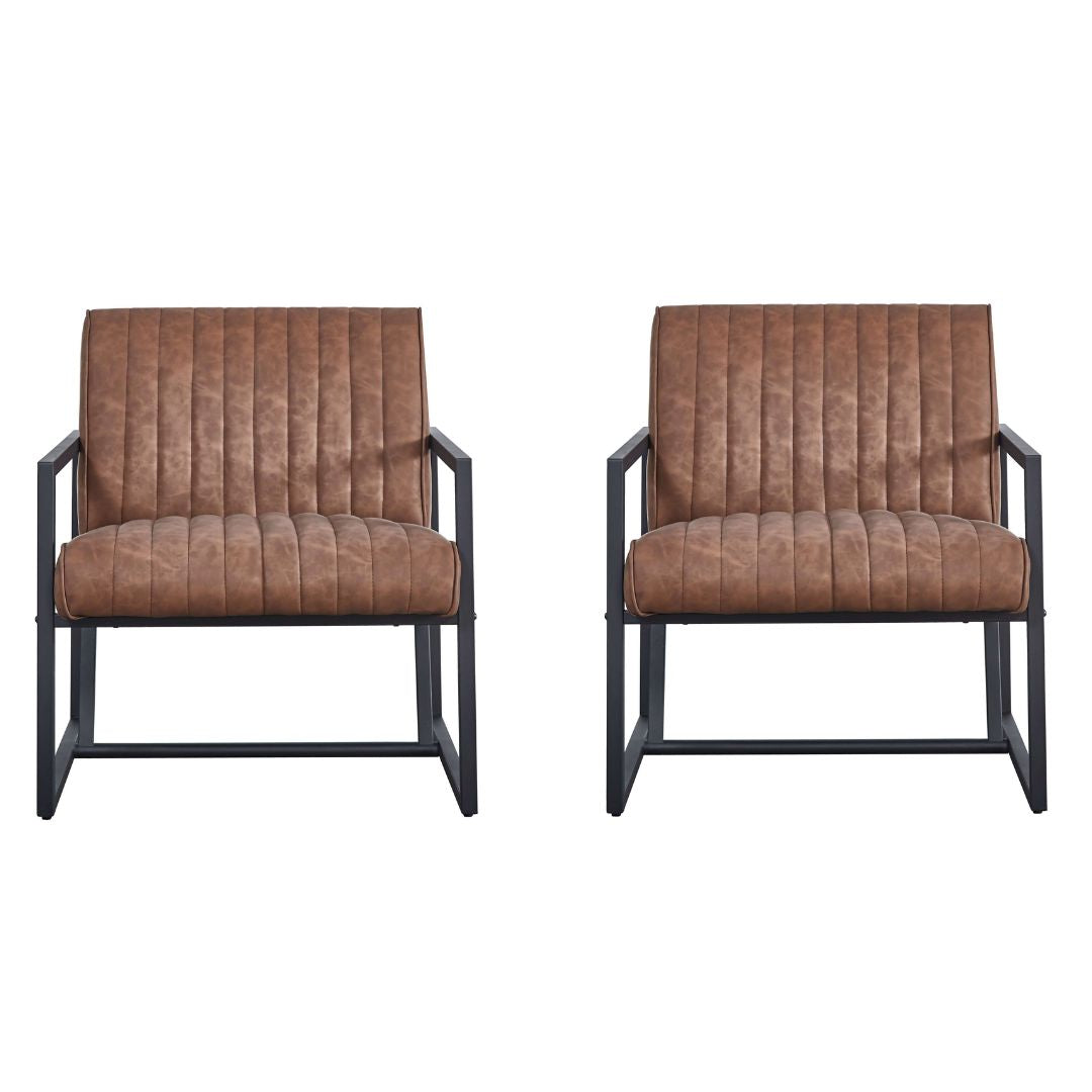 Front angle view of the upholstered chair showing steel frame and foam seat