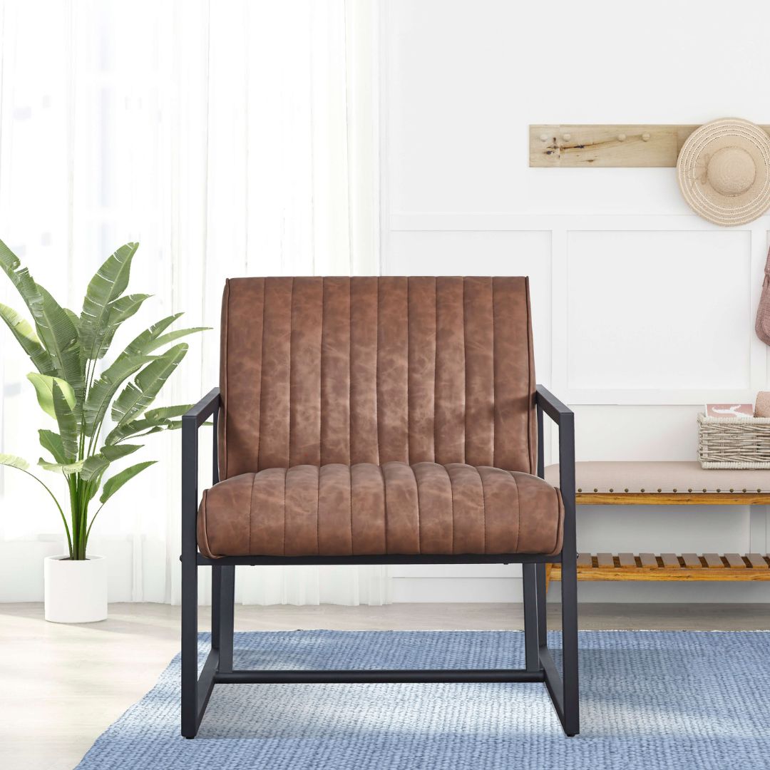 Lifestyle shot of the steel frame chair styled in a mid century modern living room