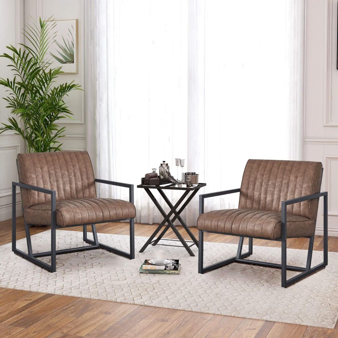 Front angle view of the upholstered chair showing steel frame and foam seat