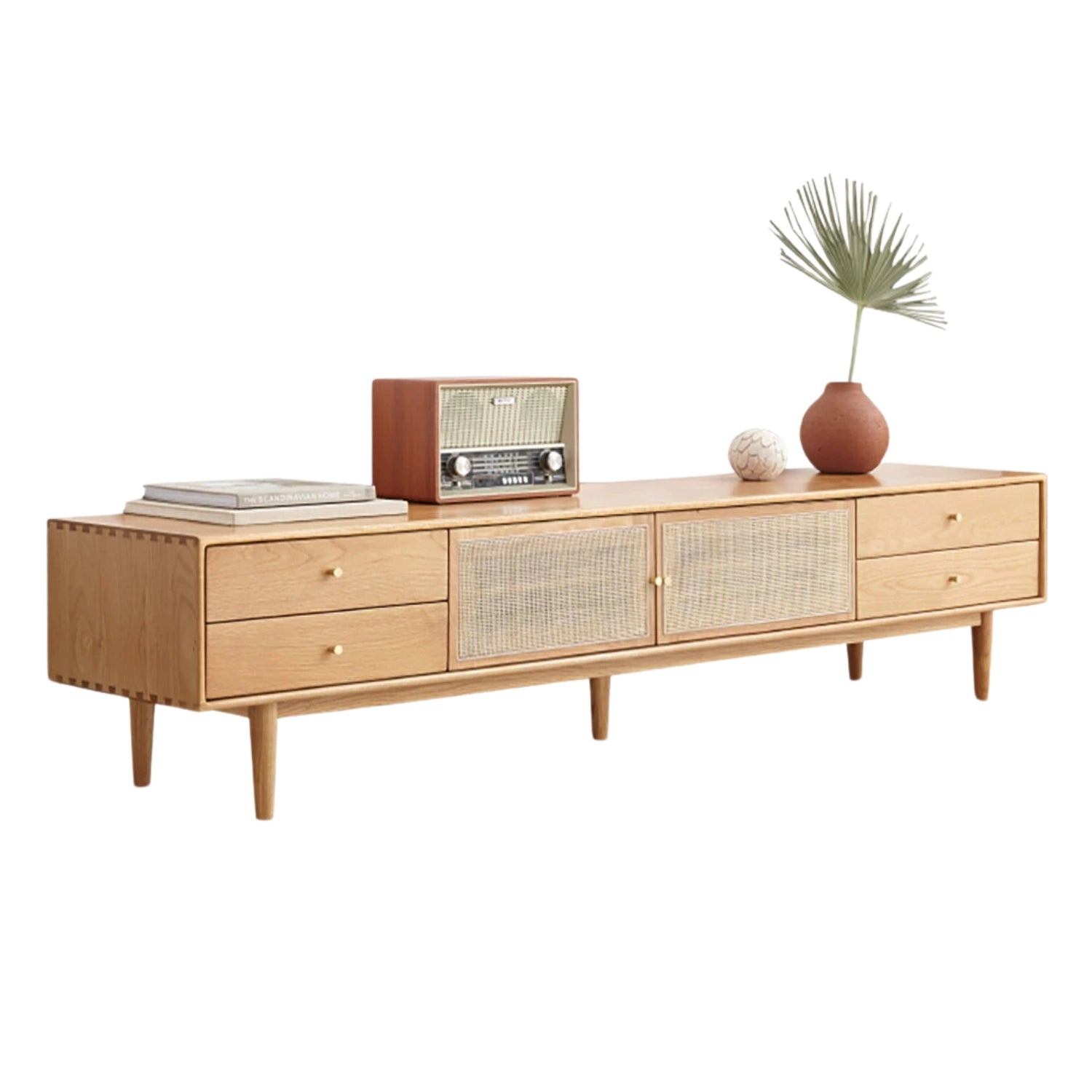 Front view of the chic rattan and solid oak minimalist TV stand showcasing its modern design.