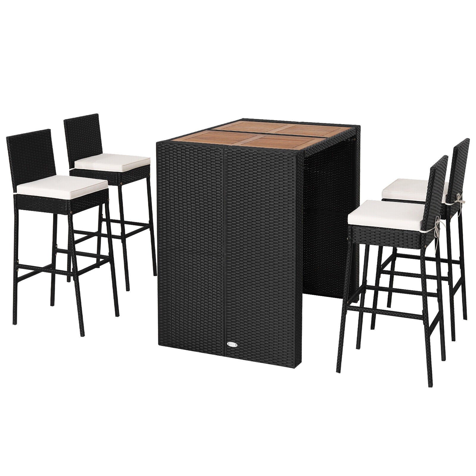 Sleek patio dining table and bar stools arranged on a sunny patio