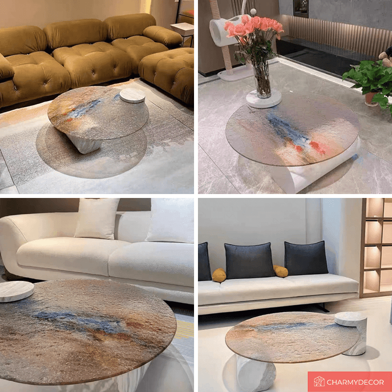 Vibrant Ripple Glass Coffee Table showcasing its unique water rippling effect in a modern living room setting.