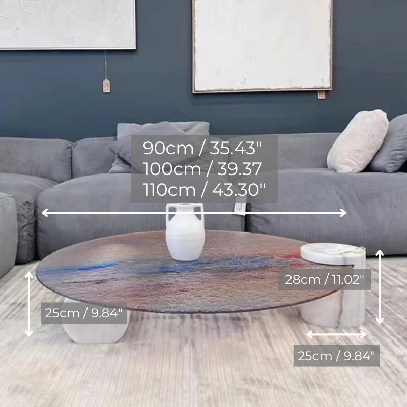 Close-up of the colorful surface of the ripple glass coffee table highlighting its artistic design.