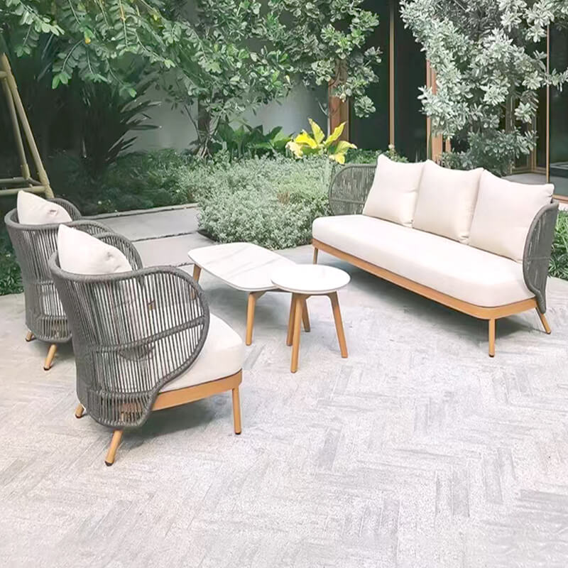 Close-up of waterproof cushions on the rattan furniture