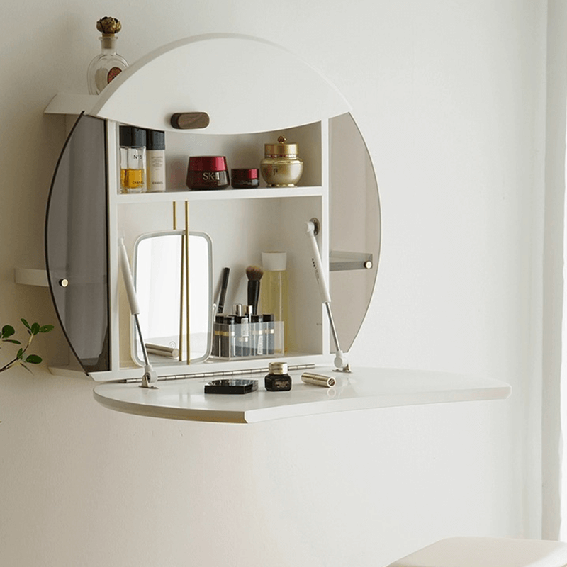 Close-up of the storage features in the minimalist wall mounted vanity.