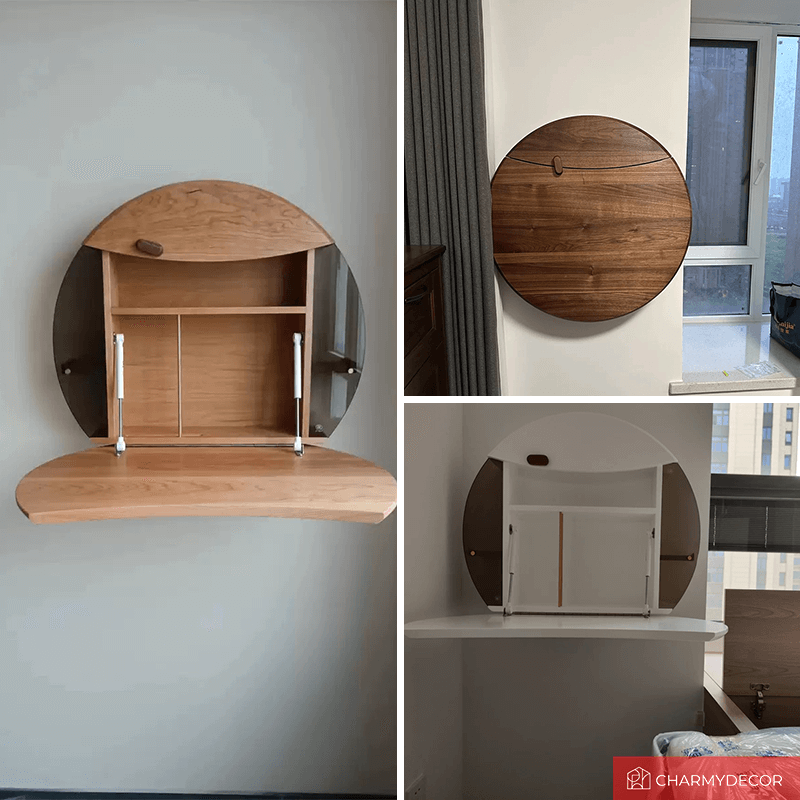 Close-up of the storage features in the minimalist wall mounted vanity.