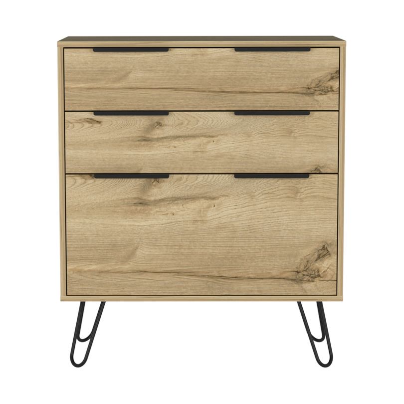Close-up of the minimalist dressers brass pin legs and spacious drawers, highlighting its stylish features.