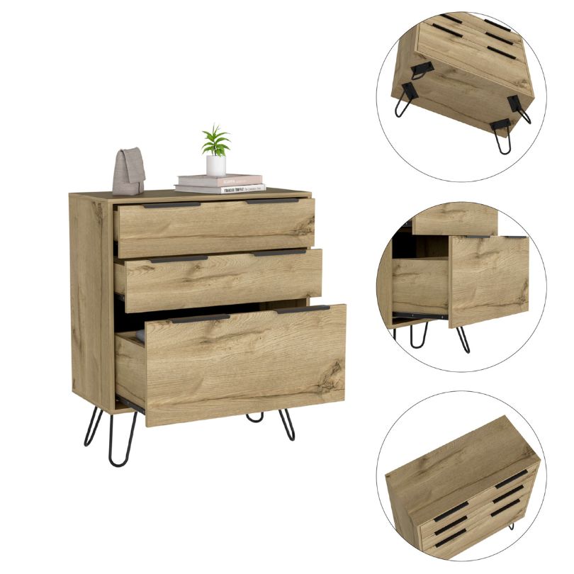 Elegant minimalist wooden chest drawer with three spacious drawers and brass pin legs, perfect for contemporary decor.
