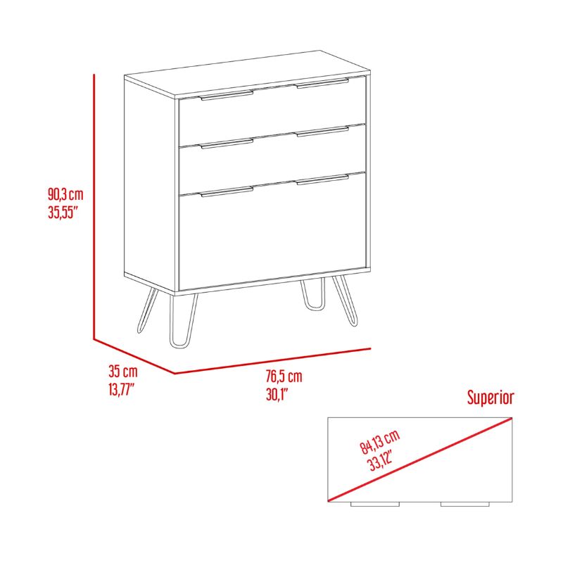 Close-up of the minimalist dressers brass pin legs and spacious drawers, highlighting its stylish features.