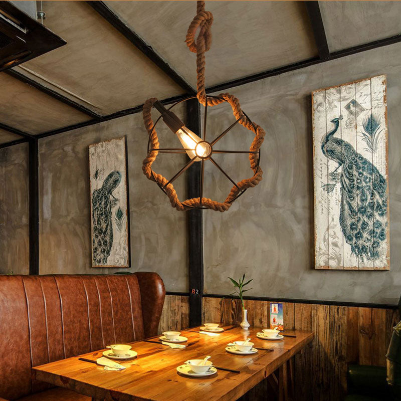 Close-up of the eco-friendly hemp rope industrial pendant light showcasing its unique design.