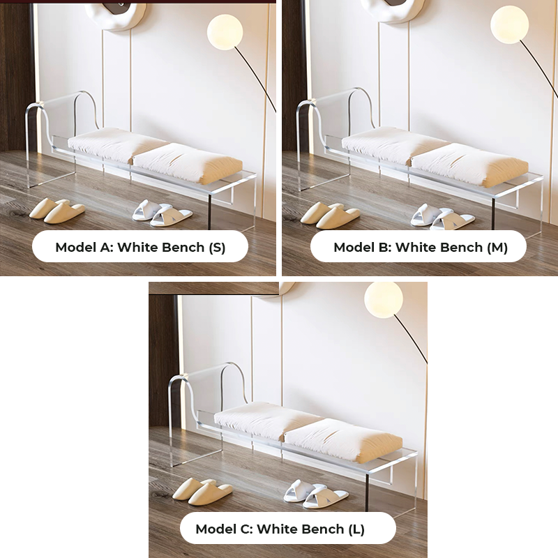A chic white acrylic entryway bench in a modern hallway setting.