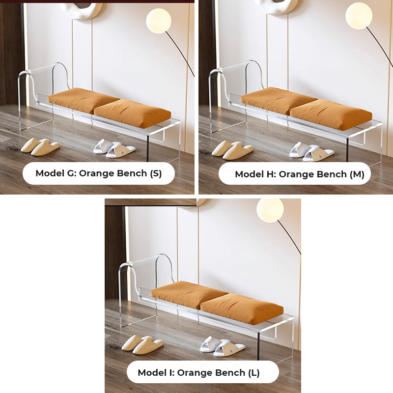 An orange acrylic bench positioned in a stylish entryway, adding vibrant decor.