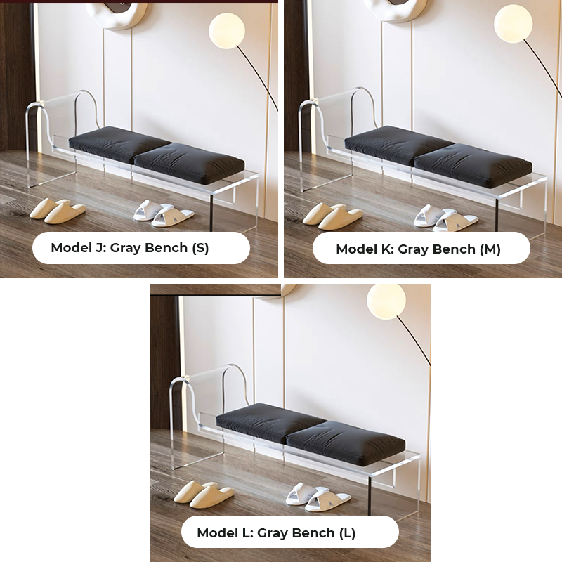 A chic white acrylic entryway bench in a modern hallway setting.