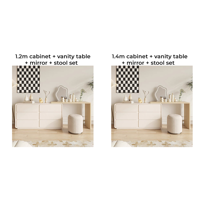 Affordable makeup table with storage, highlighting the six drawers and solid wood legs.