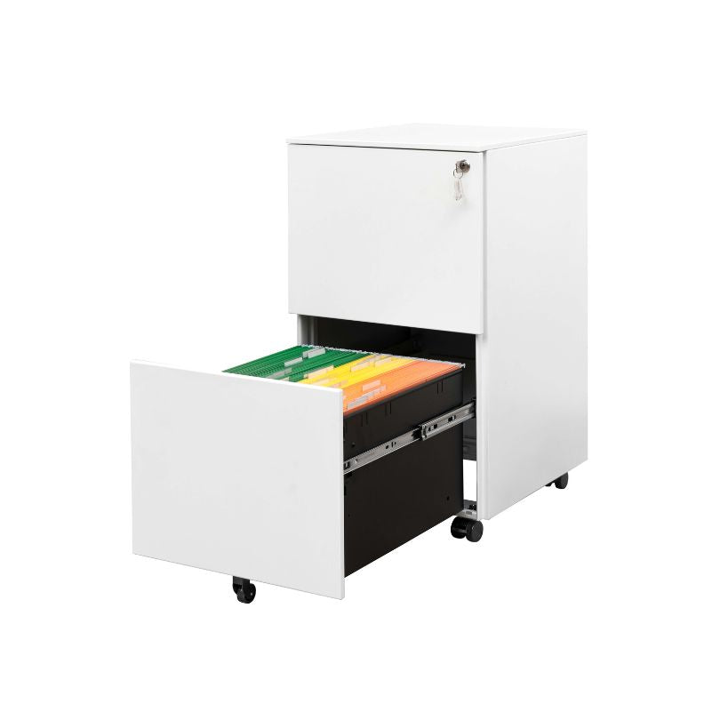 Side view of the mobile filing cabinet on wheels, highlighting its portability.