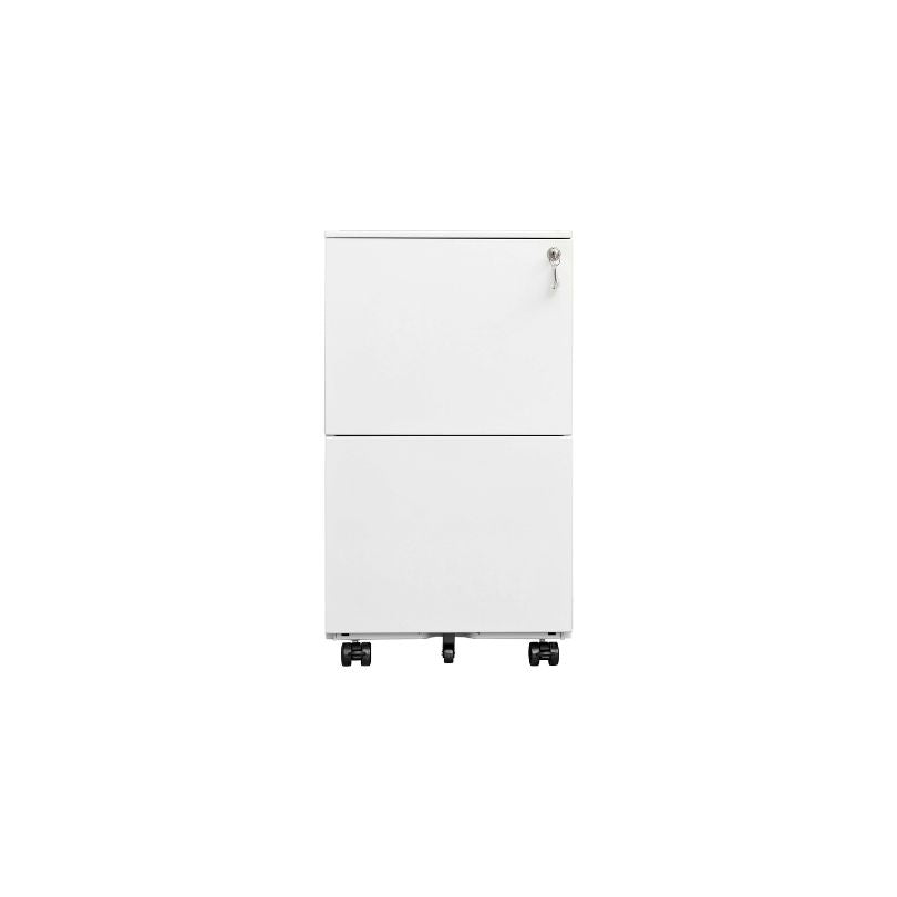 Front view of the sleek white mobile filing cabinet showcasing its two drawers.