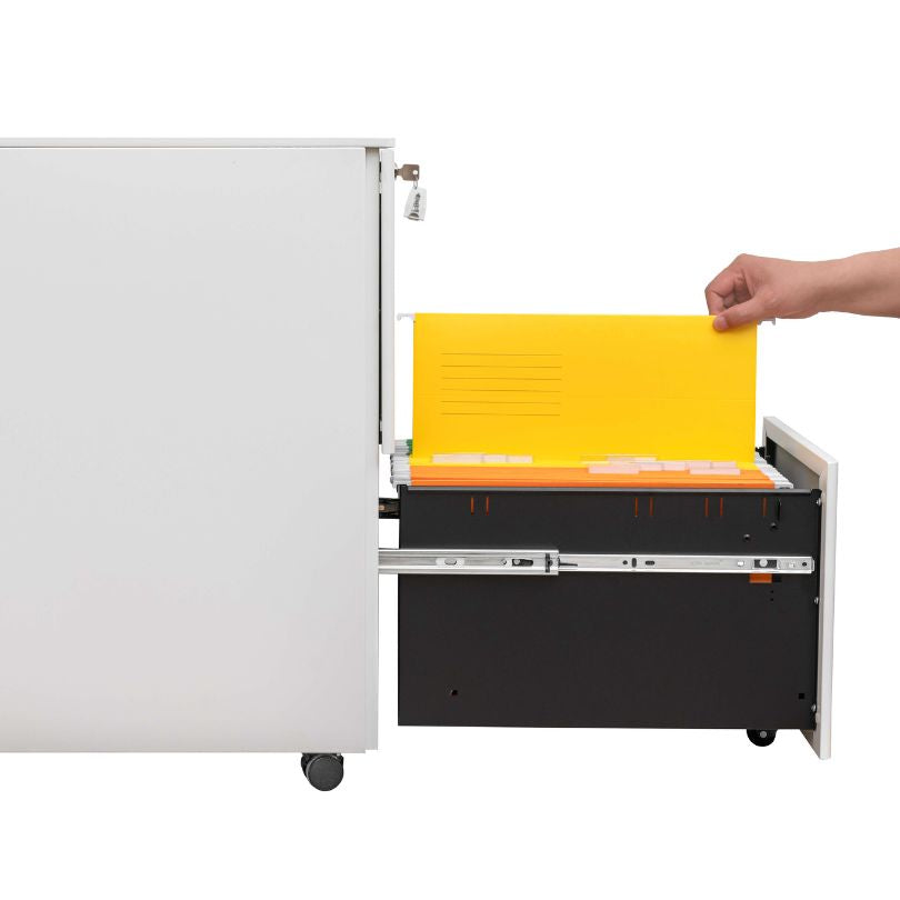 Close-up of the white filing cabinets smooth finish and modern design elements.