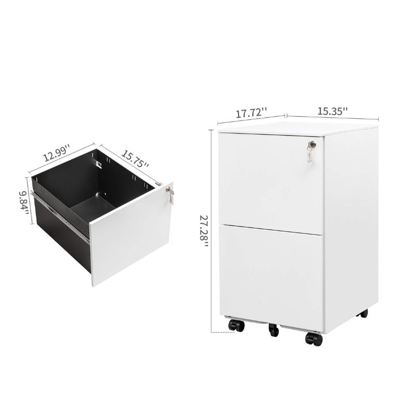 Front view of the sleek white mobile filing cabinet showcasing its two drawers.