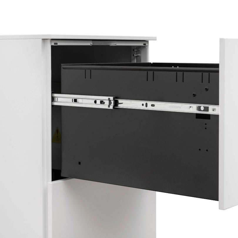 Close-up of the white filing cabinets smooth finish and modern design elements.