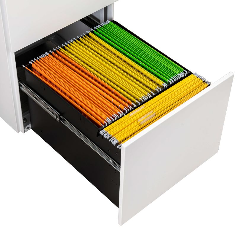 Front view of the sleek white mobile filing cabinet showcasing its two drawers.