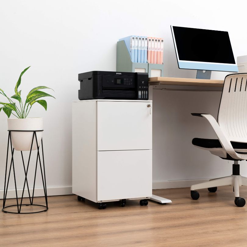 Front view of the sleek white mobile filing cabinet showcasing its two drawers.