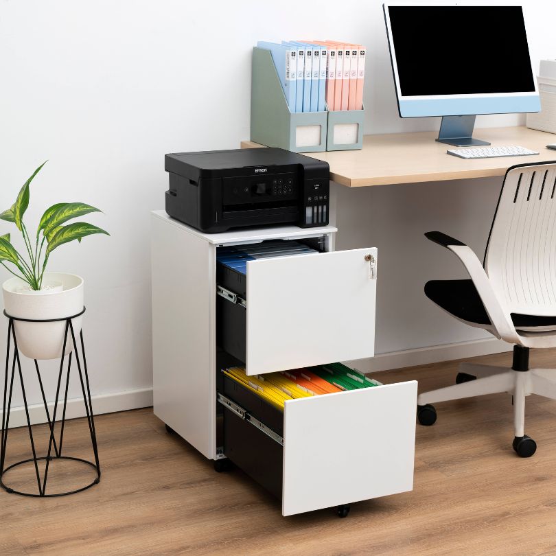Side view of the mobile filing cabinet on wheels, highlighting its portability.
