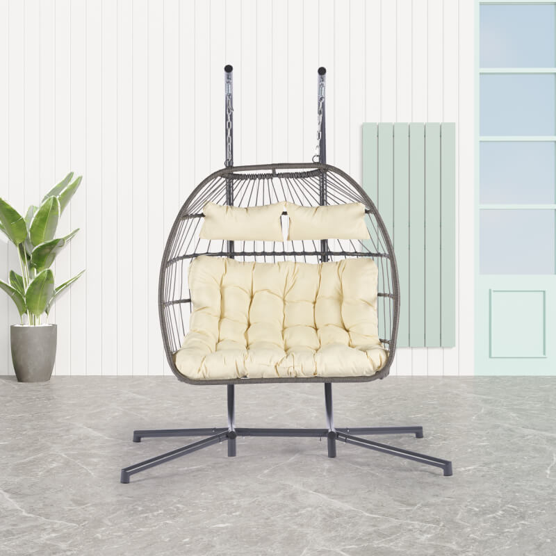 Close-up of the comfortable seating in the rattan hanging chair.
