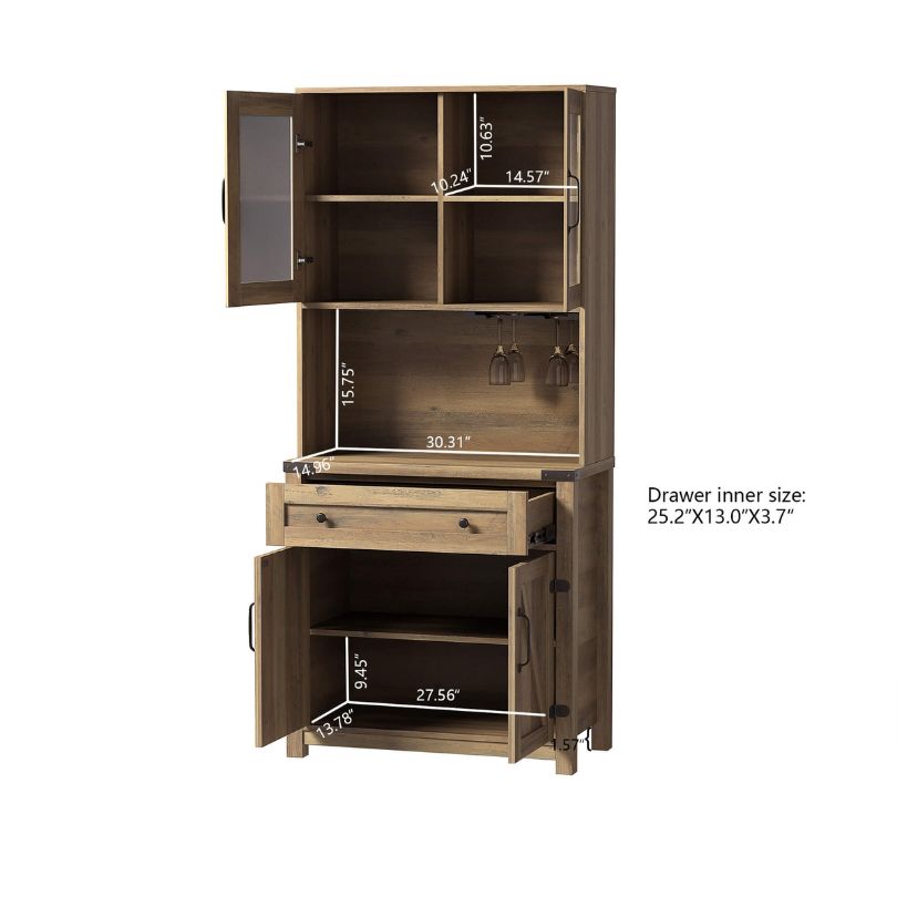 Front view of the rustic yellow walnut farmhouse cabinet with barn doors and goblet holder.