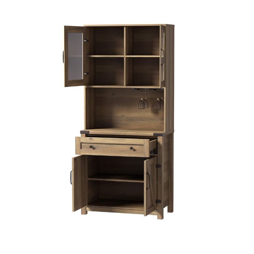Front view of the rustic yellow walnut farmhouse cabinet with barn doors and goblet holder.