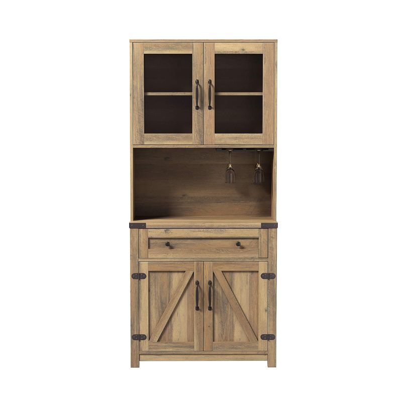 Side angle of the modern barn door accent cabinet, highlighting its spacious interior and shelves.