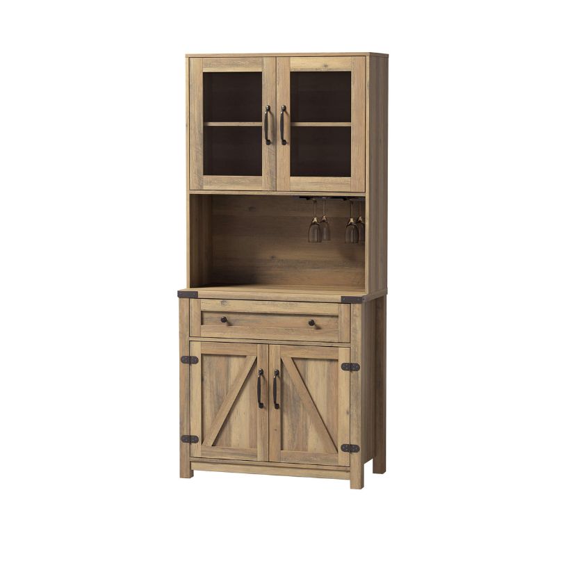 Close-up of the goblet holder feature on the farmhouse cabinet, demonstrating its stylish design.