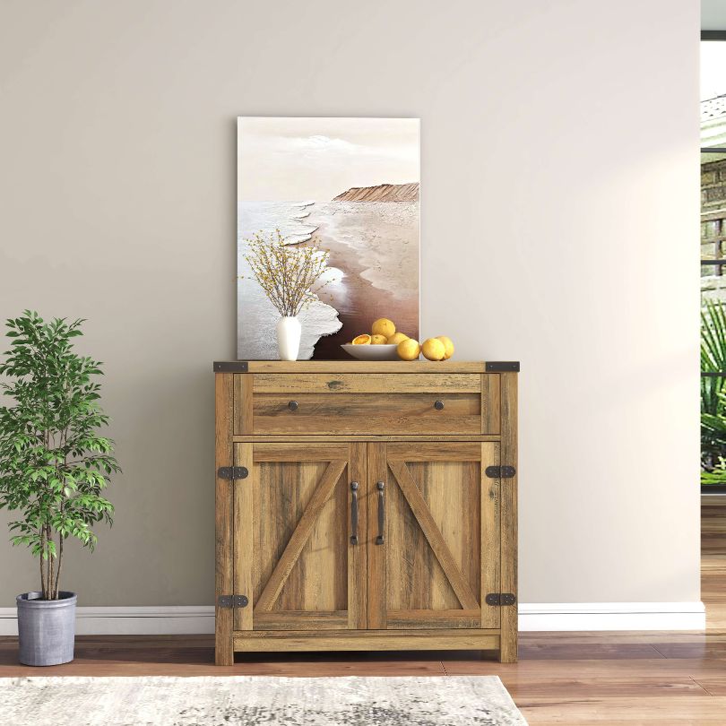 Front view of the rustic yellow walnut farmhouse cabinet with barn doors and goblet holder.