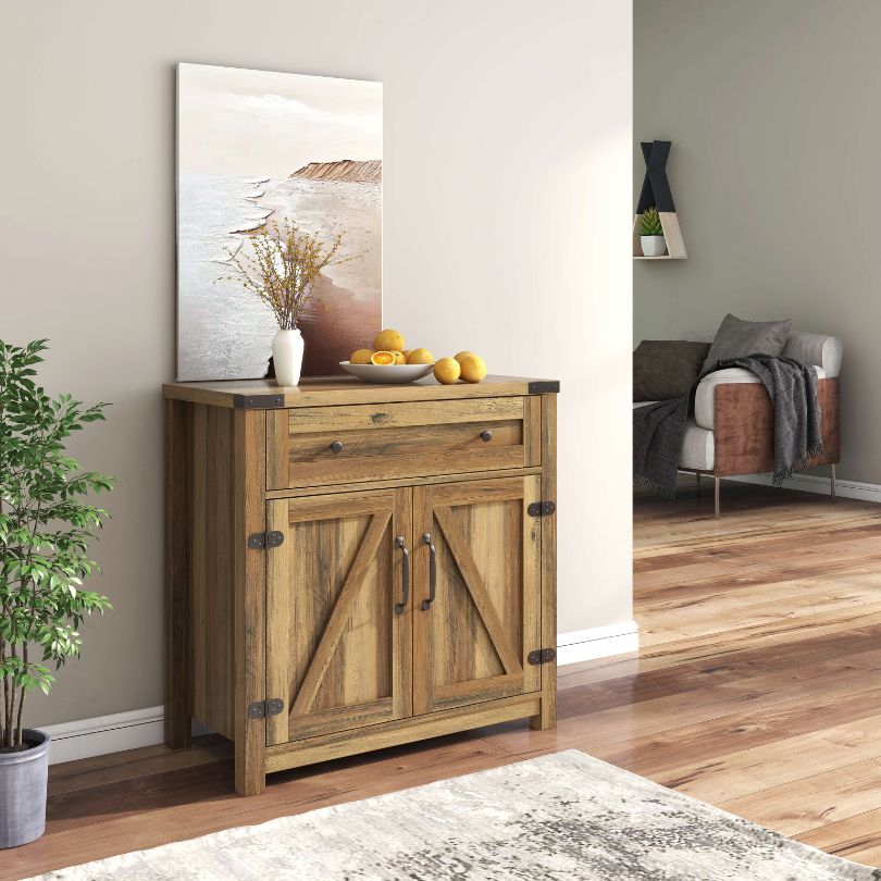 Side angle of the modern barn door accent cabinet, highlighting its spacious interior and shelves.