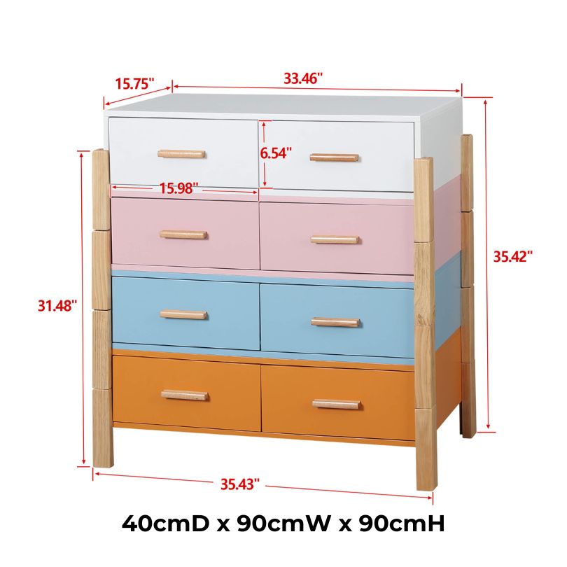 Vibrant 8-drawer dresser in a colorful bedroom setting, showcasing its modern design.