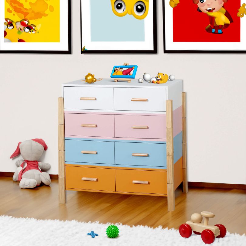 A well-organized 8-drawer dresser displaying various items, illustrating its ample storage.