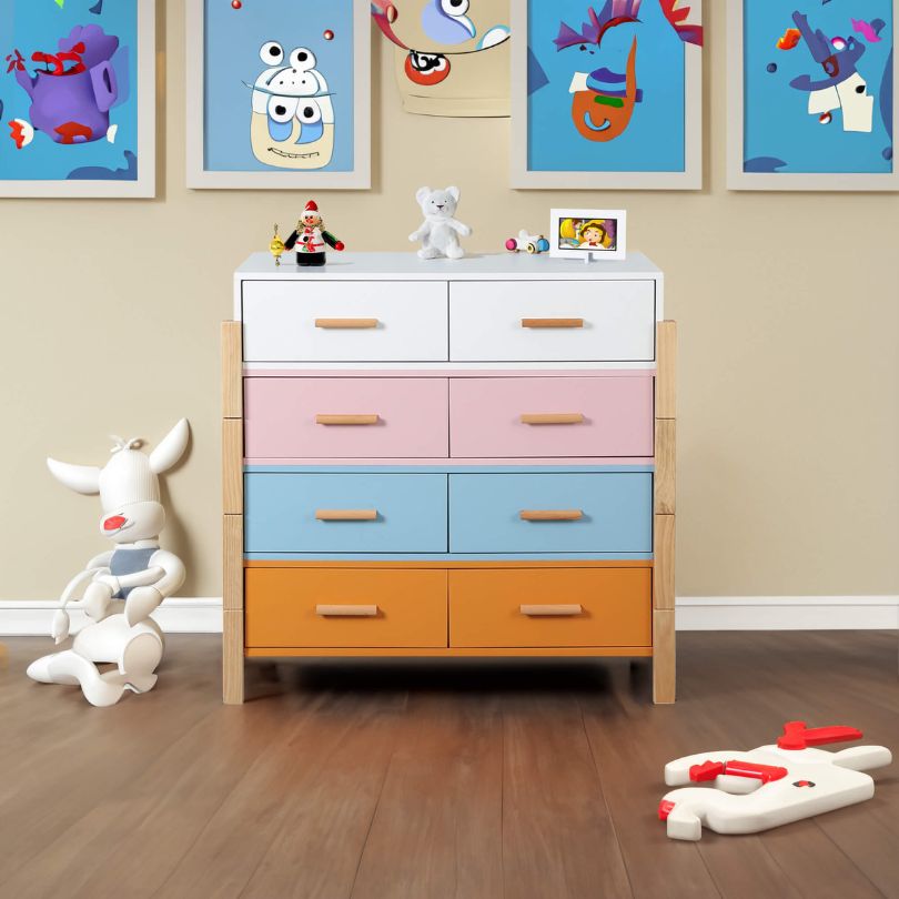 Vibrant 8-drawer dresser in a colorful bedroom setting, showcasing its modern design.