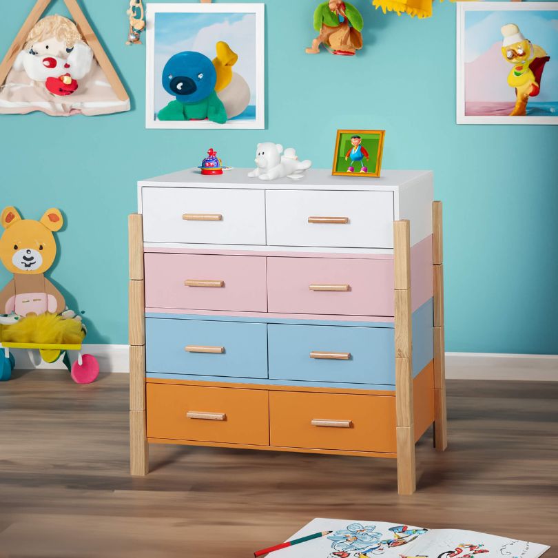 Close-up of the multicolor finish on the stylish storage cabinet for home, highlighting the quality materials.