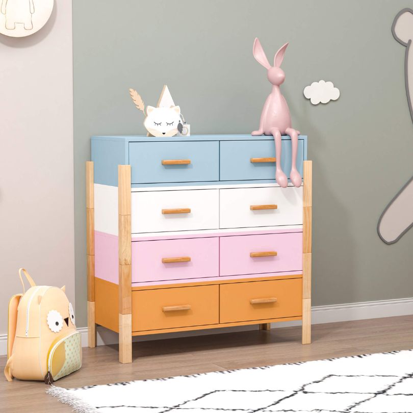 Vibrant 8-drawer dresser in a colorful bedroom setting, showcasing its modern design.