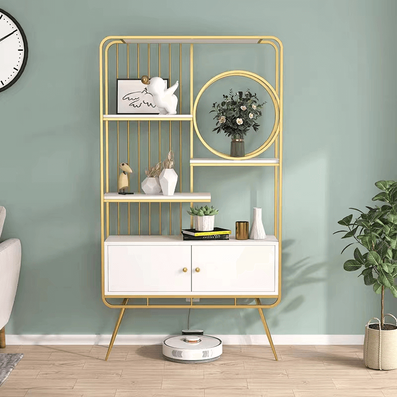 Side view of the modern white and gold bookshelf showcasing its spacious tiers and elegant design.