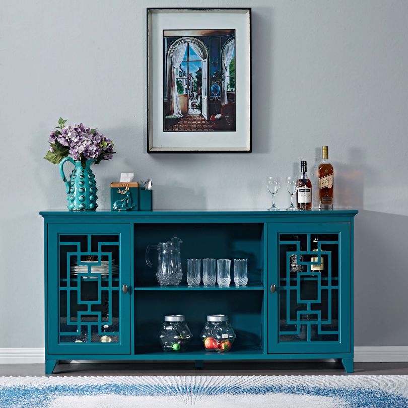 Side angle showing adjustable shelving inside modern storage buffet cabinet.