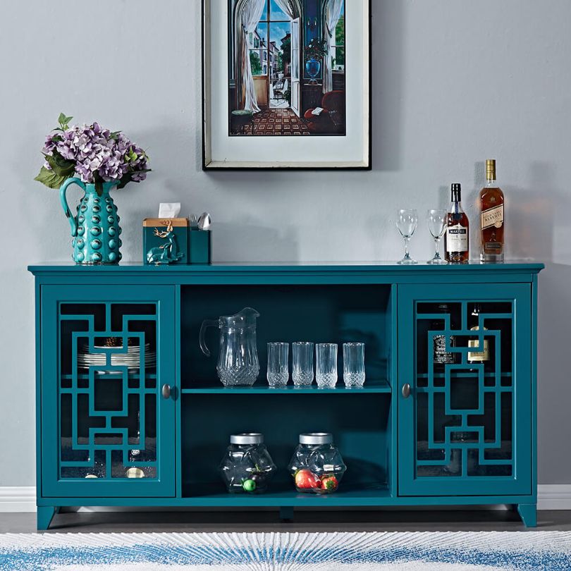 Front-facing view of teal blue sideboard with glass doors, ideal for blue furniture styling.