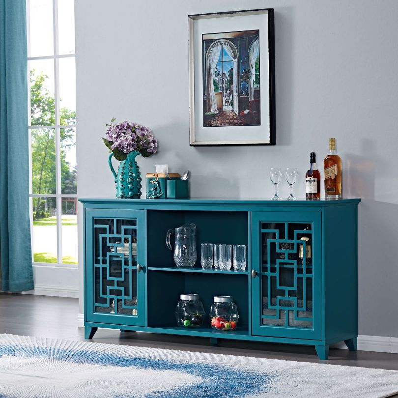 Front-facing view of teal blue sideboard with glass doors, ideal for blue furniture styling.
