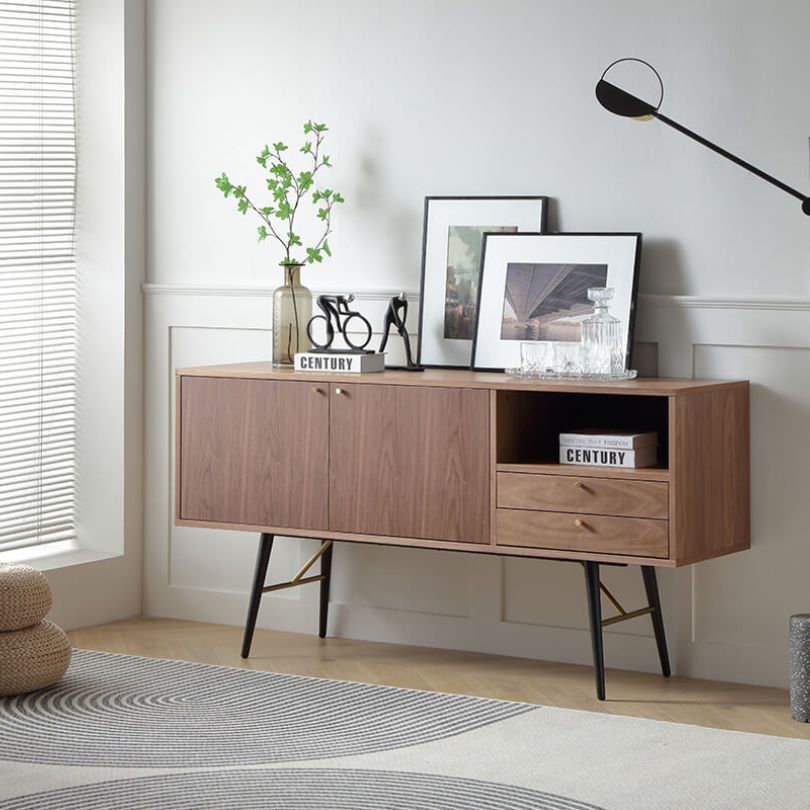 Front view of the modern TV stand with doors and drawers showcasing its sleek design.