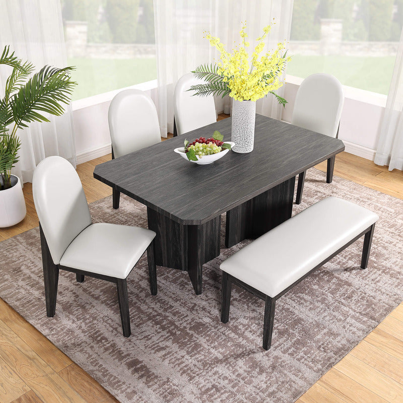 Side view of the dining set with bench pulled out, perfect for family seating.