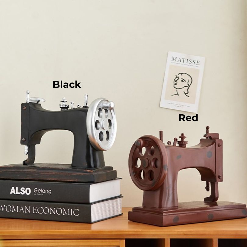 Side view of charming vintage resin sewing machine decor showcasing intricate details.