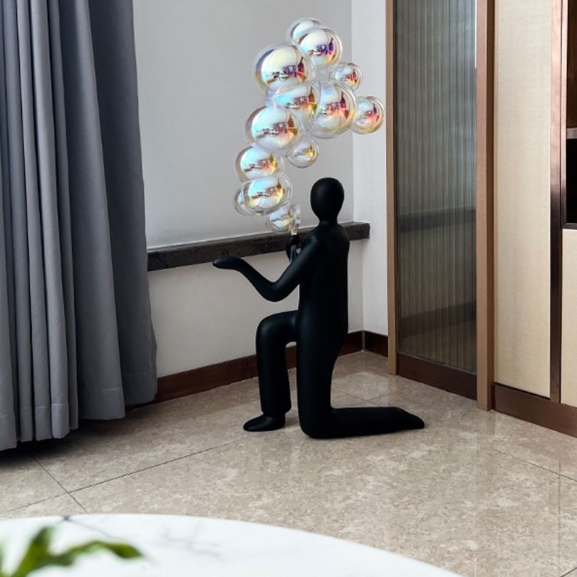 Front view of the vibrant modern abstract bubble sculpture showcasing its unique design.